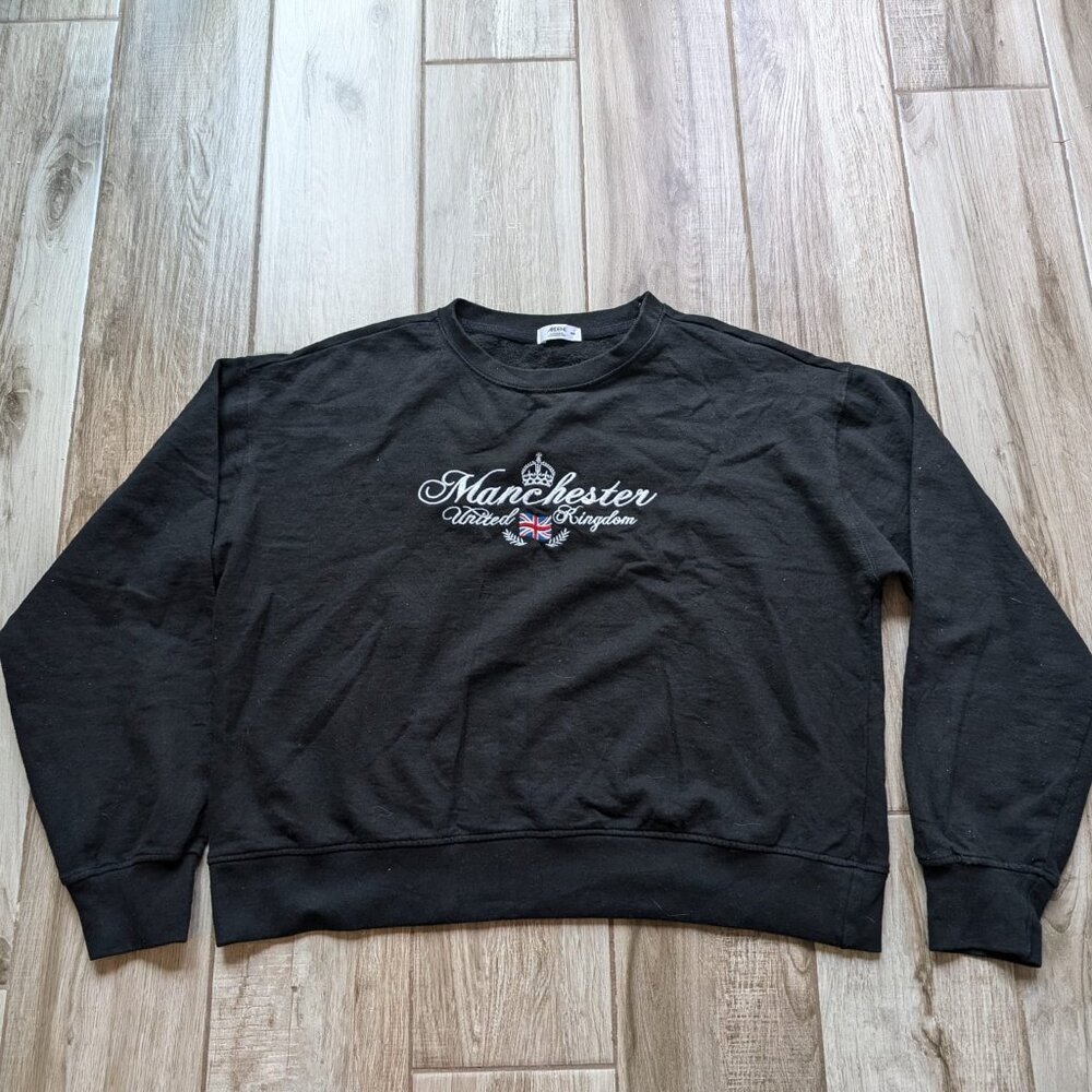 Ardene Manchester UK Black Sweatshirt Crown & Flag Embroidery Size M women's